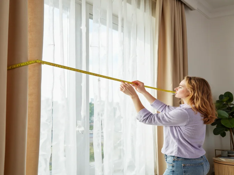Measuring window for custom curtain drapes with tape measure