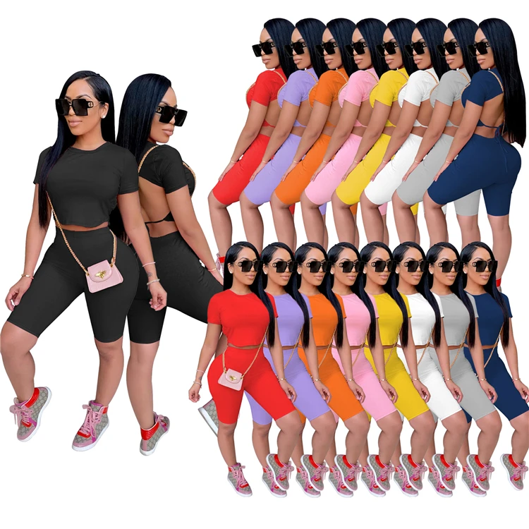 

2021 Sexy Women's Clothing Short Sleeve Women 2 Piece Set Summer Shorts Sets For Women Two Piece, As pictures or customized color