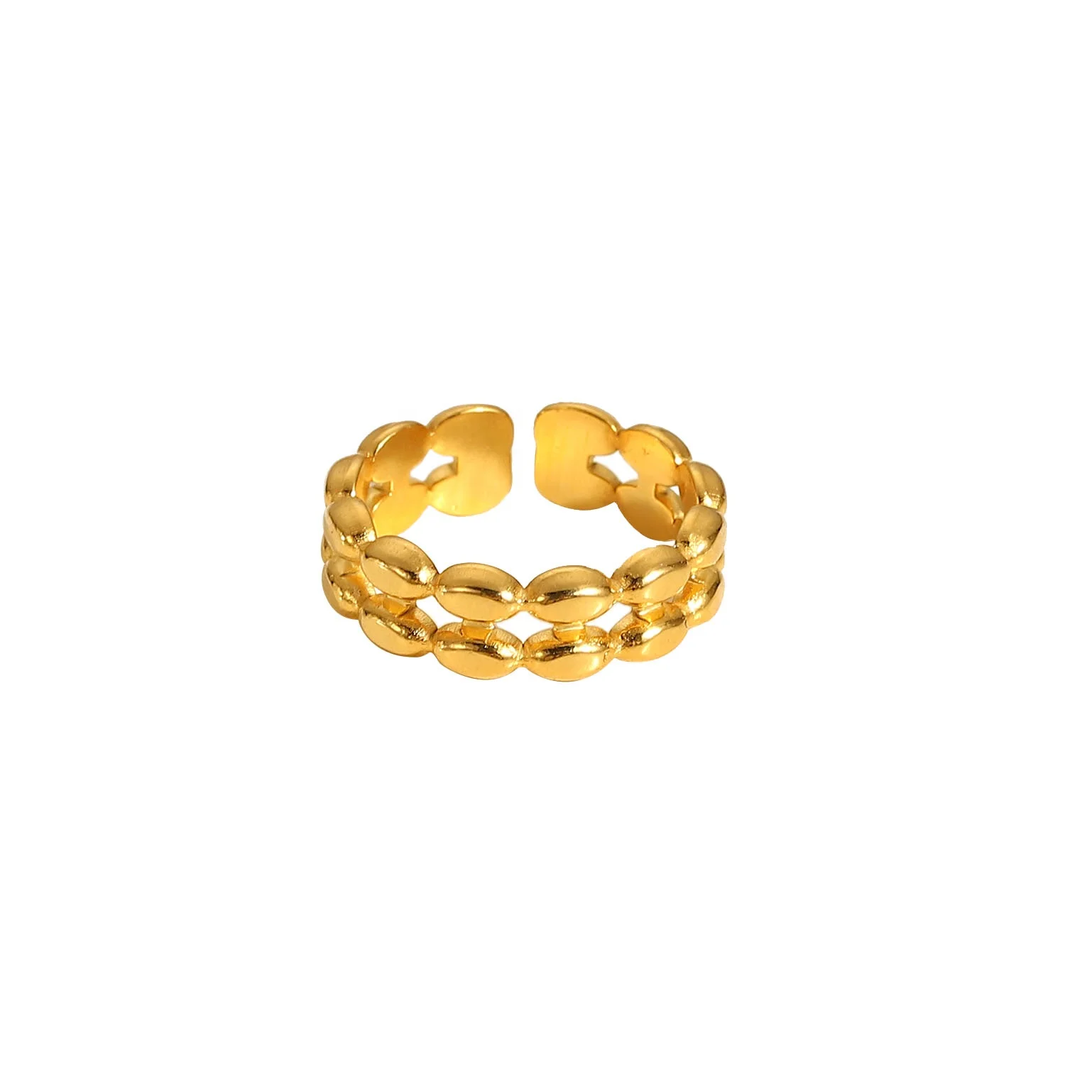 

18k Gold Plated Double Layer Geometric Oval Bean Beads Open Stainless Steel Finger Rings For Woman