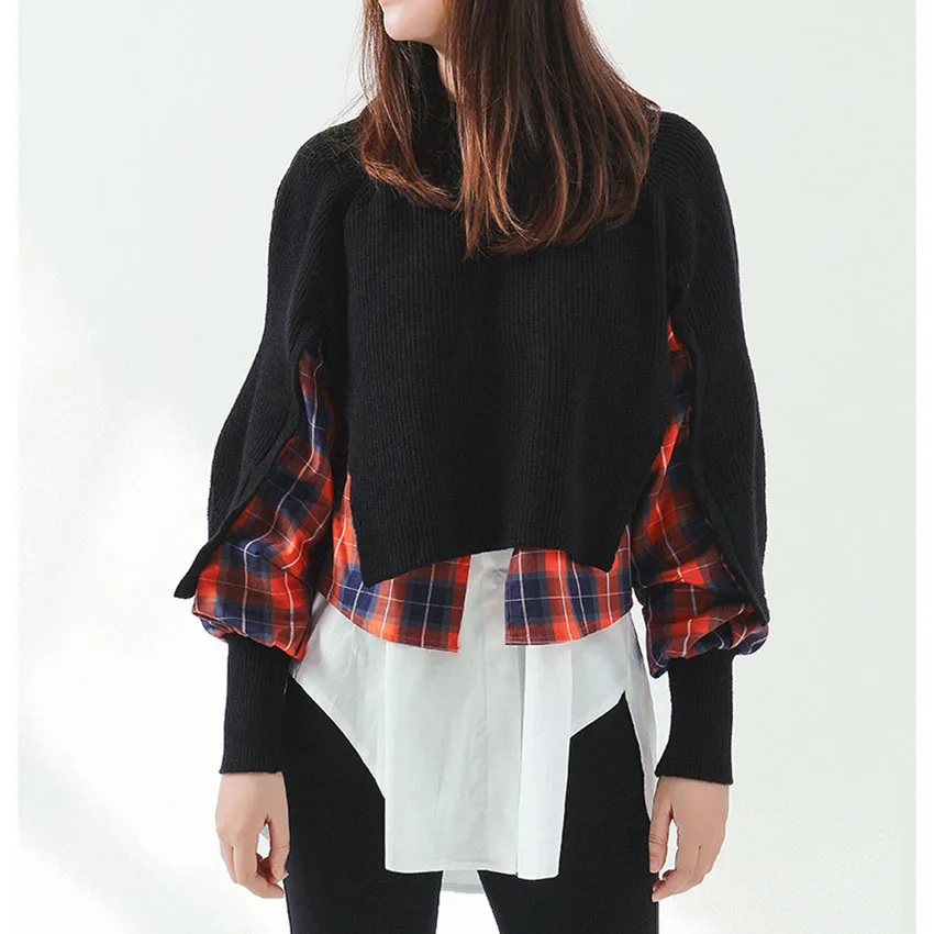 

2020New Arrival Elegant checked shirt patchwork sweater women pull over O neck long sleeve Winter knitted tops ladies, Black/white