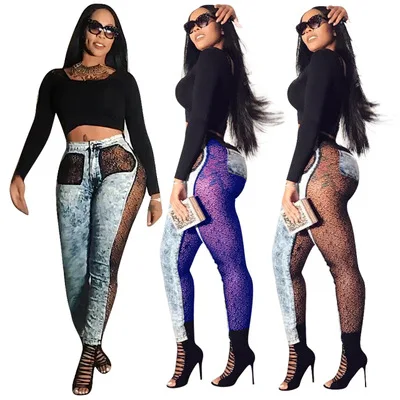 

B31469A 2018 Latest women sheer lace floral embroidery tight pants