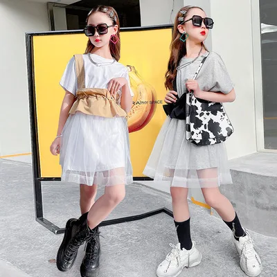 

New fashion teen Girls summer short sleeve ruffled tulle T-shirt dress with ruffled vest top, Picture shows