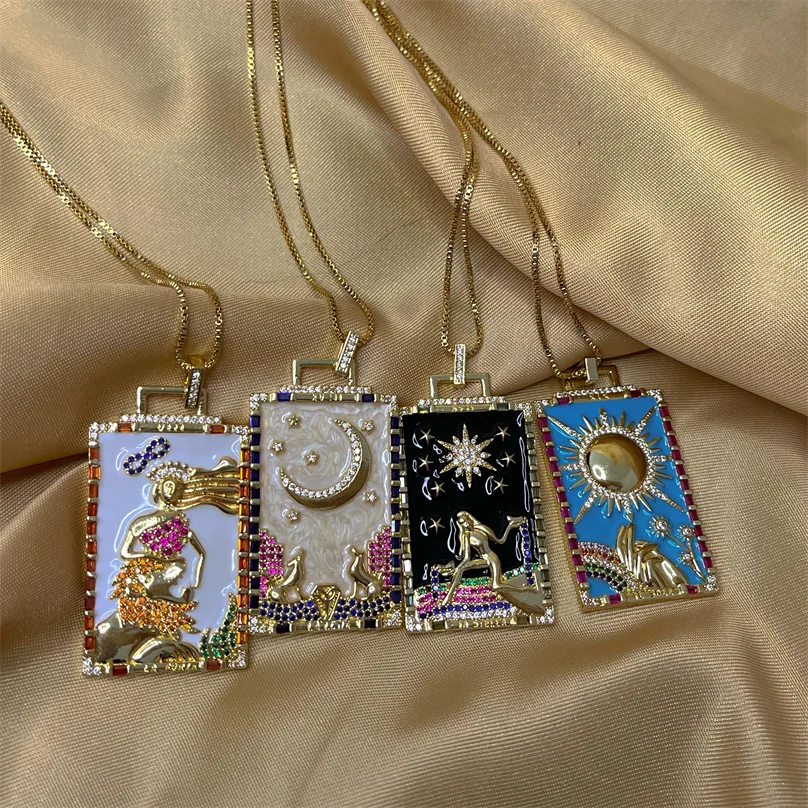 

Wholesale VHigh Quality Trendy Gold Necklace Rectangle Tarot Necklace copper drop oil zircon pendant, Picture