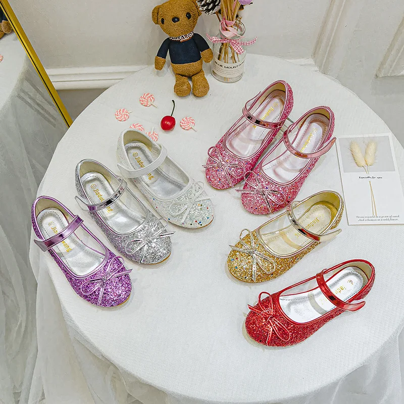 

8 color beauty bow tie girl flat heel sequin bow tie crystal wedding shoes kid dance party princess shoes