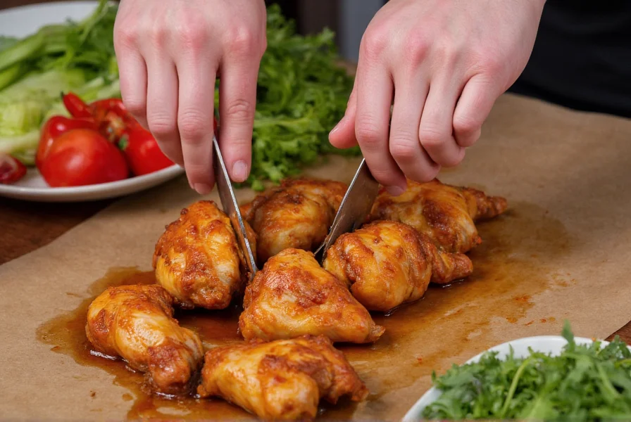 Chef's hands preparing chicken marinating in adobo chili sauce with fresh vegetables in background