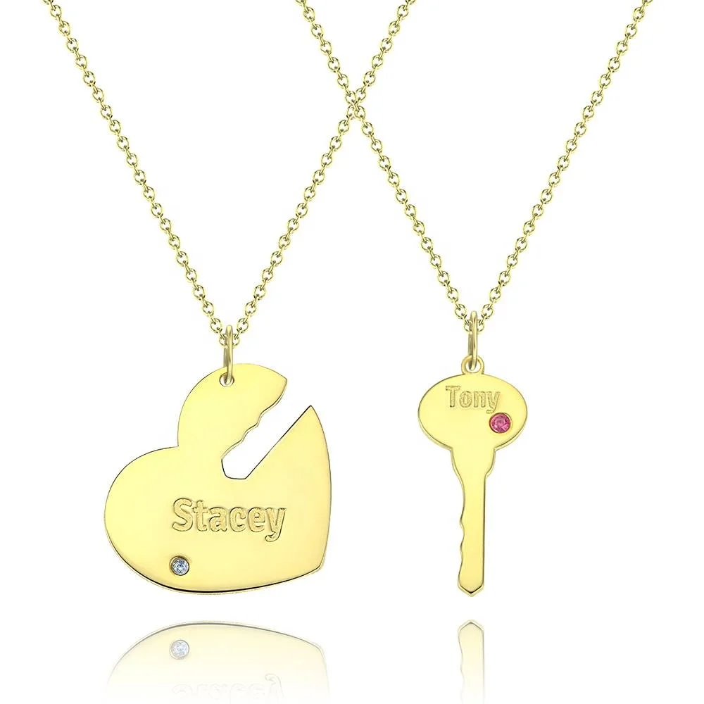 

Custom Birthstone Engraved Gold Fill Heart Key Name Necklace Collier Couple