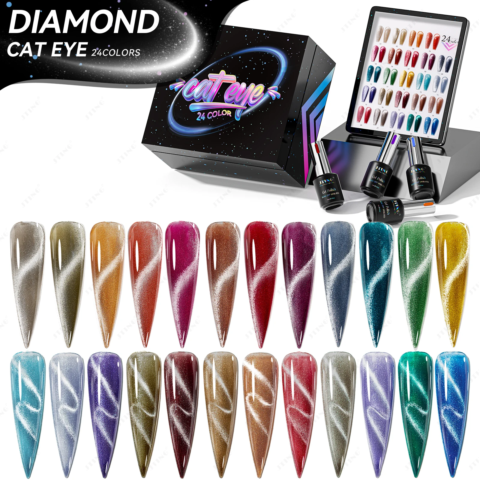 JTING Promotional New Style 24color Diamond Cat Eye Gel Polish Collection Box With Unique Color Book Shiny Cat Eye Gel Polish