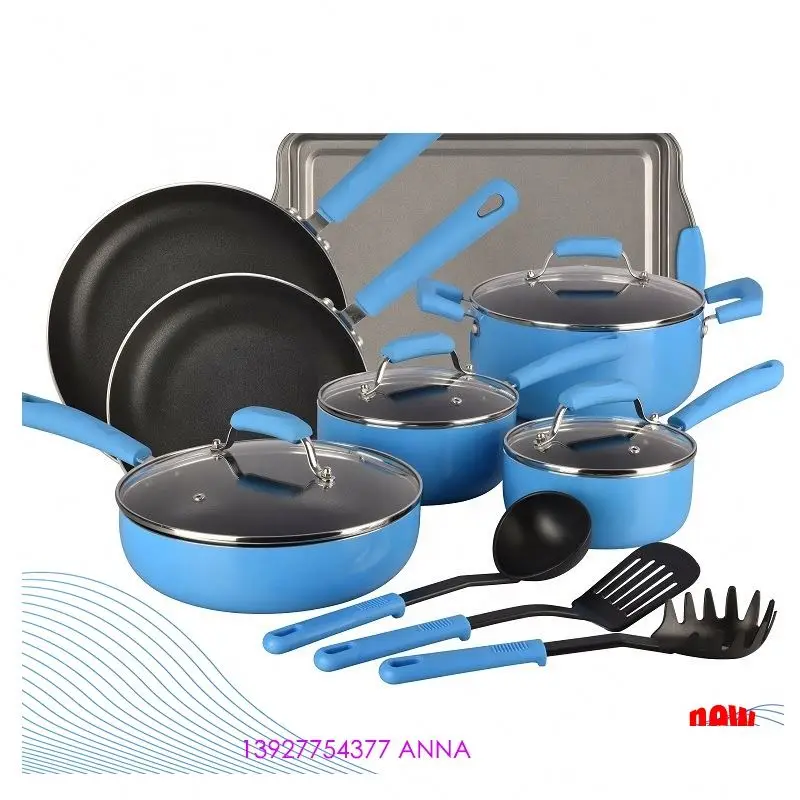 

14pcs nylon utensils set glass lid nonstick price kitchen ware aluminum cookware set, Blue
