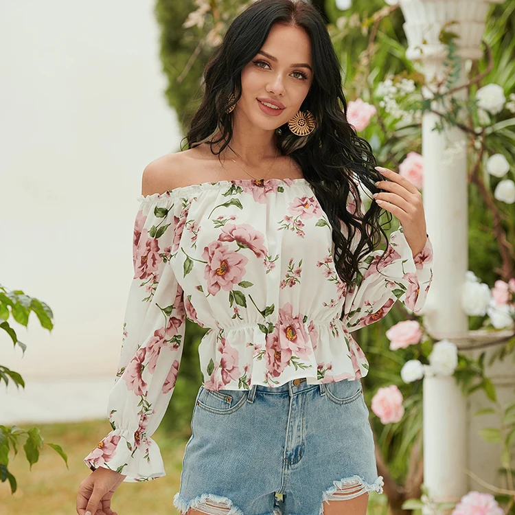 

slanna Summer long puff sleeve elegant printed women Off Shoulder Tops Ruffles Layers sexy ladies female shirt chiffon blouse, Colors