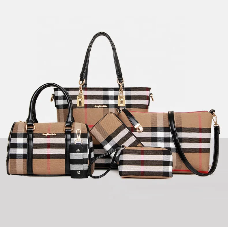 

2020 new arrived plaid leather 6 in 1 handbag set for women tote handbag set
