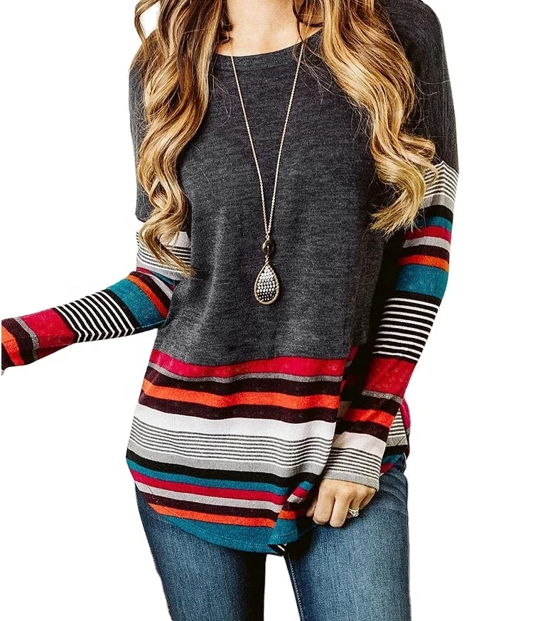 

Hot selling autumn and winter women patchwork long-sleeved loose striped o-collar T-shirt for sale, Picture showed