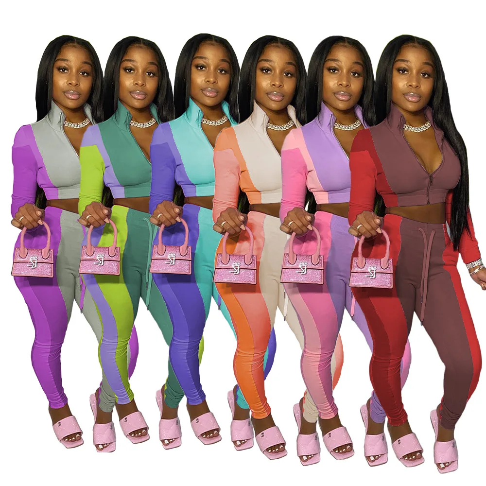 

make your order logo color blocking short jacket sports pants 2 piece set plus size women crop top sweat suit, Picture