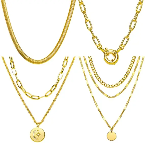

Wholesale 4 pcs layered necklace Jewelry set round disc pendant snake shaped chain necklace for women, Gold