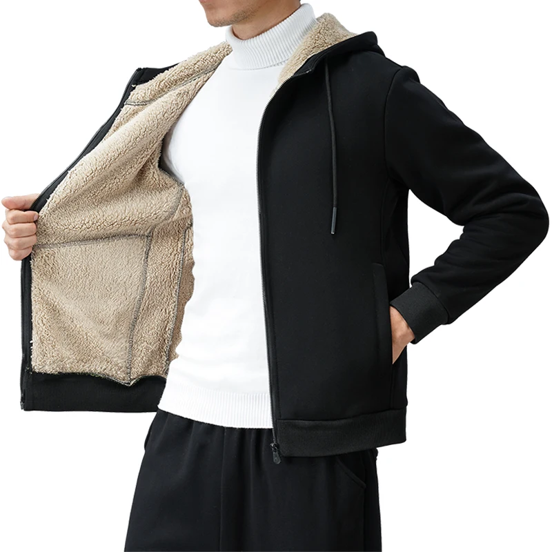 Winter men's casual sports hooded solid color plus velvet thick lambskin warm cardigan sweater coat
