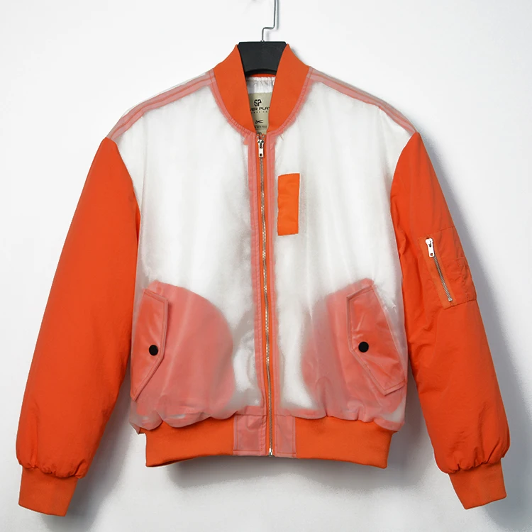 

Custom orange 100% nylon transparent TPU fabric jacket waterproof bomber jackets for men, Customized color/orange/black