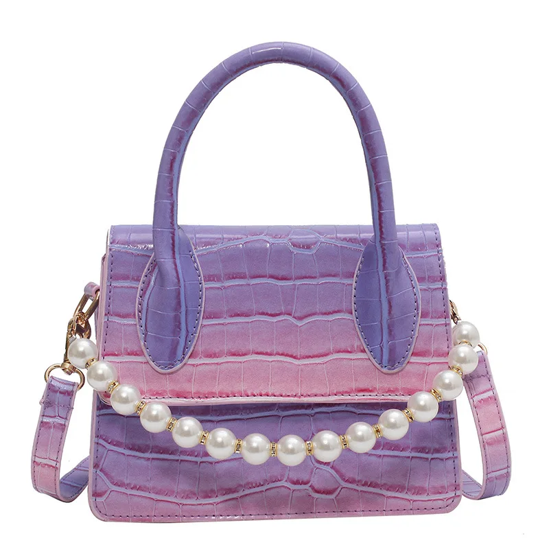 

New Popular Young One-Shoulder Jelly Color Stone Pattern Small Fragrance Pearl Chain Crossbody Handbag, 5colors