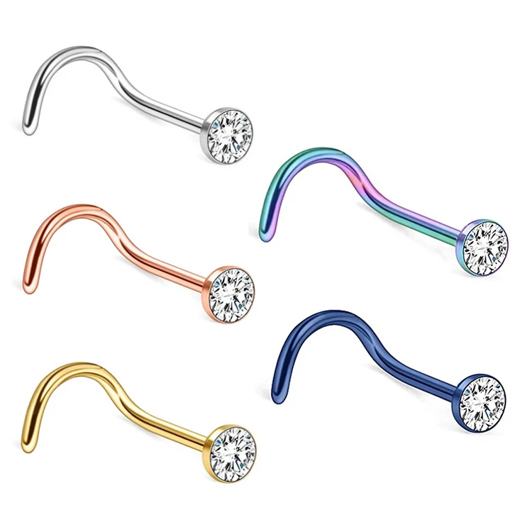 

New design rhinestone bezel stone gold plated nose piercing surgical steel multicolor nose screw ring nostril piercing jewelry