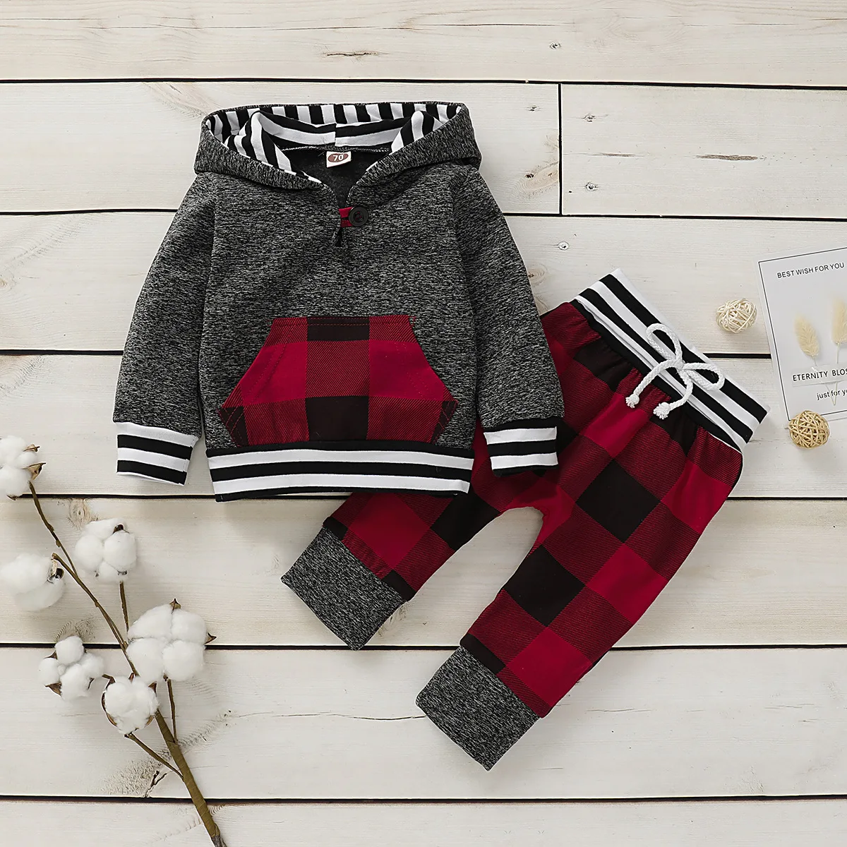 

197702 Trendy baby winter outfits plaid Hoodie + striped pants toddler sweat suits cotton tank top baby girls' clothing setS