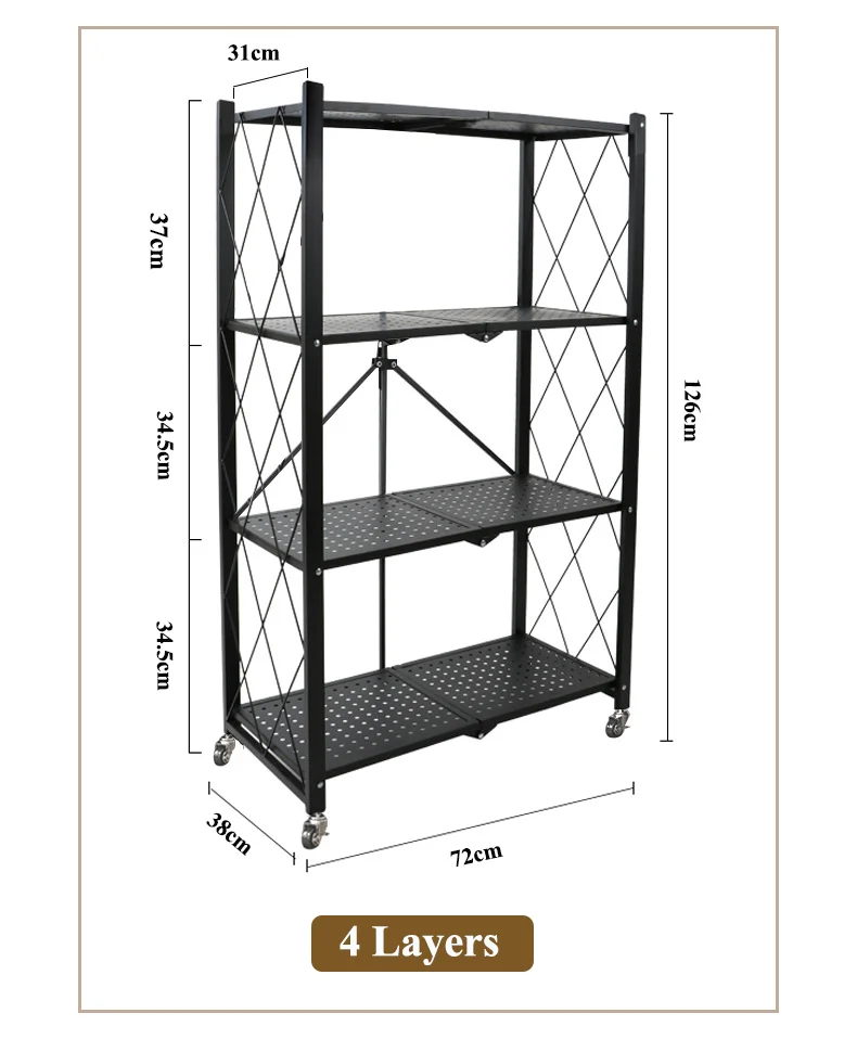 

Foldable Kitchen Storage Shelf Kitchenware Microwave Oven Rack 4 Layers Movable Organize Shelf, Black/white