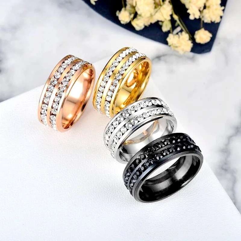 

Cheap 18k Gold Plated Titanium Steel Couple Ring 8mm Double Row Stainless Steel Diamond Rings for men women