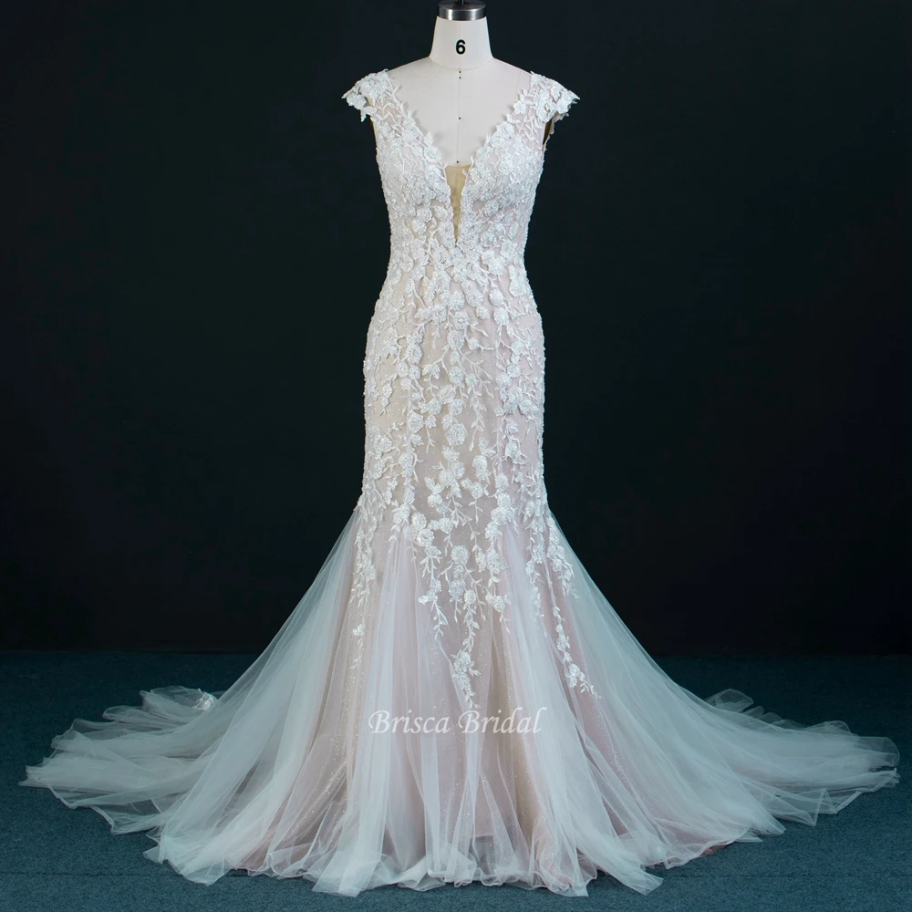 

Champagne Blush Color Elegant Mermaid vestido de novia Illusion Lace Hot Sale Fashion Bridal Wedding Dress for Women