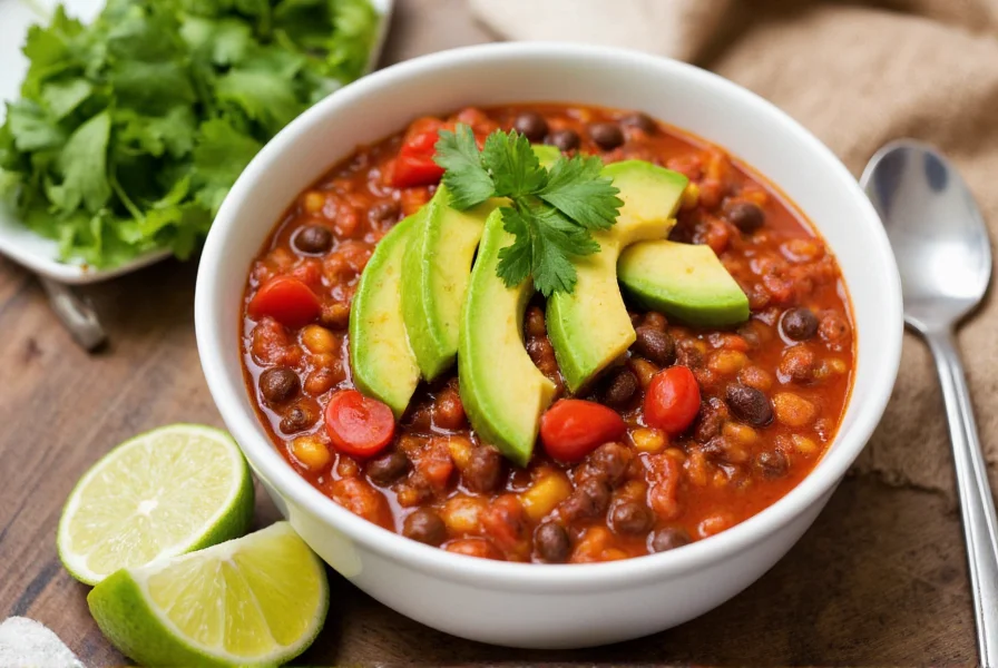 Colorful bowl of healthy chili served with avocado slices and fresh cilantro garnish