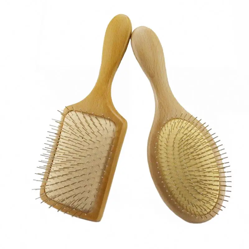 Cepillo con mango de madera y pasadores metal paleta pasador para el cabello Cerdas desenredar punta pelo masaje aguja acero
