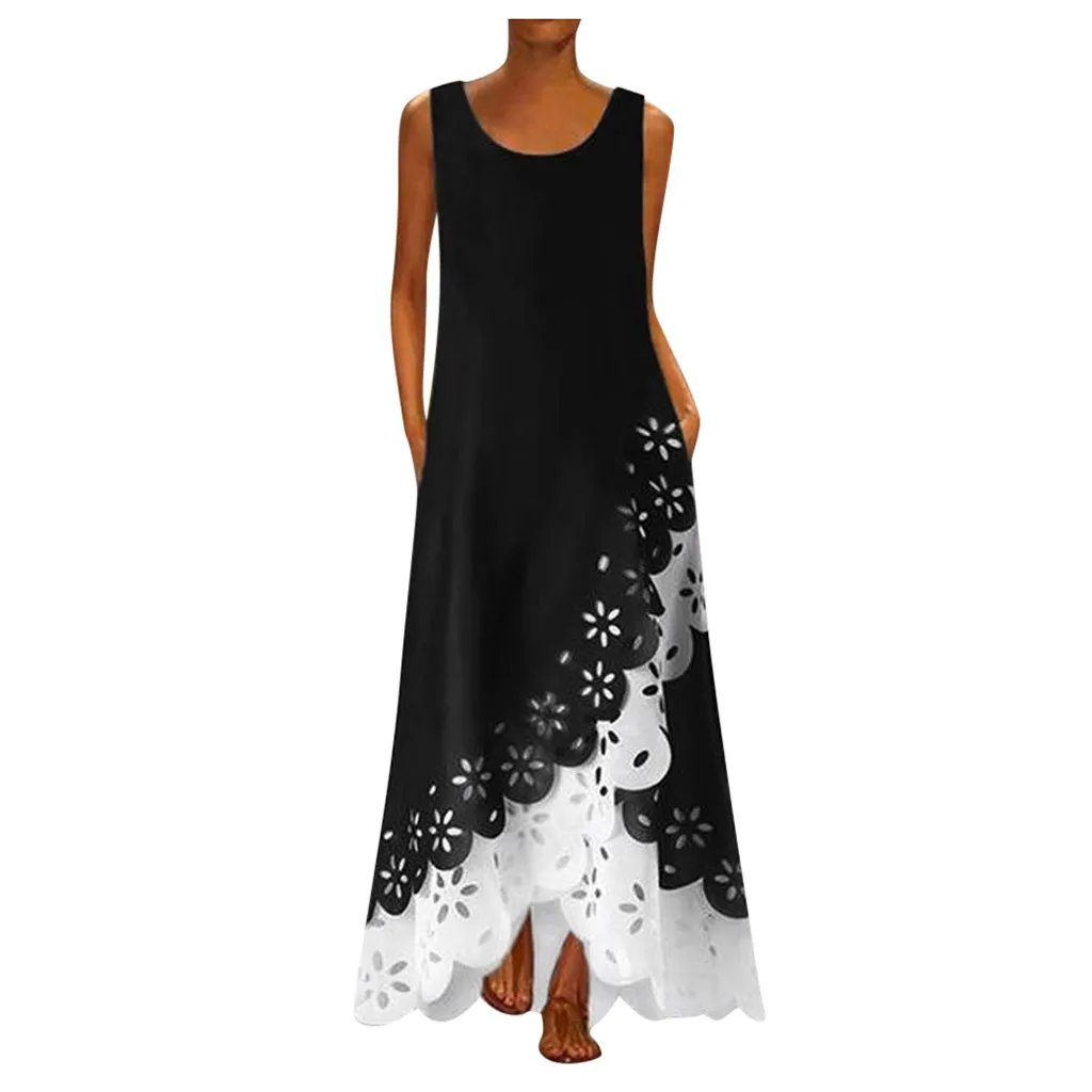 

2021 Women Sleeveless Dress Floral Print Patchwork Round Neck Long Maxi Dress Bohemia Beach Shirt Dresses For Women, Many