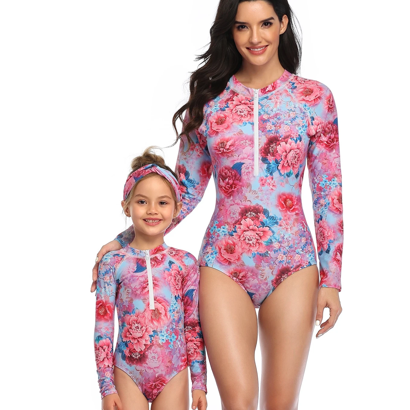 

New Style Zipper Bodysuit Long Sleeve Swimsuit One Piece Floral Bathing Suits Mummy and Me Swimwear Oem