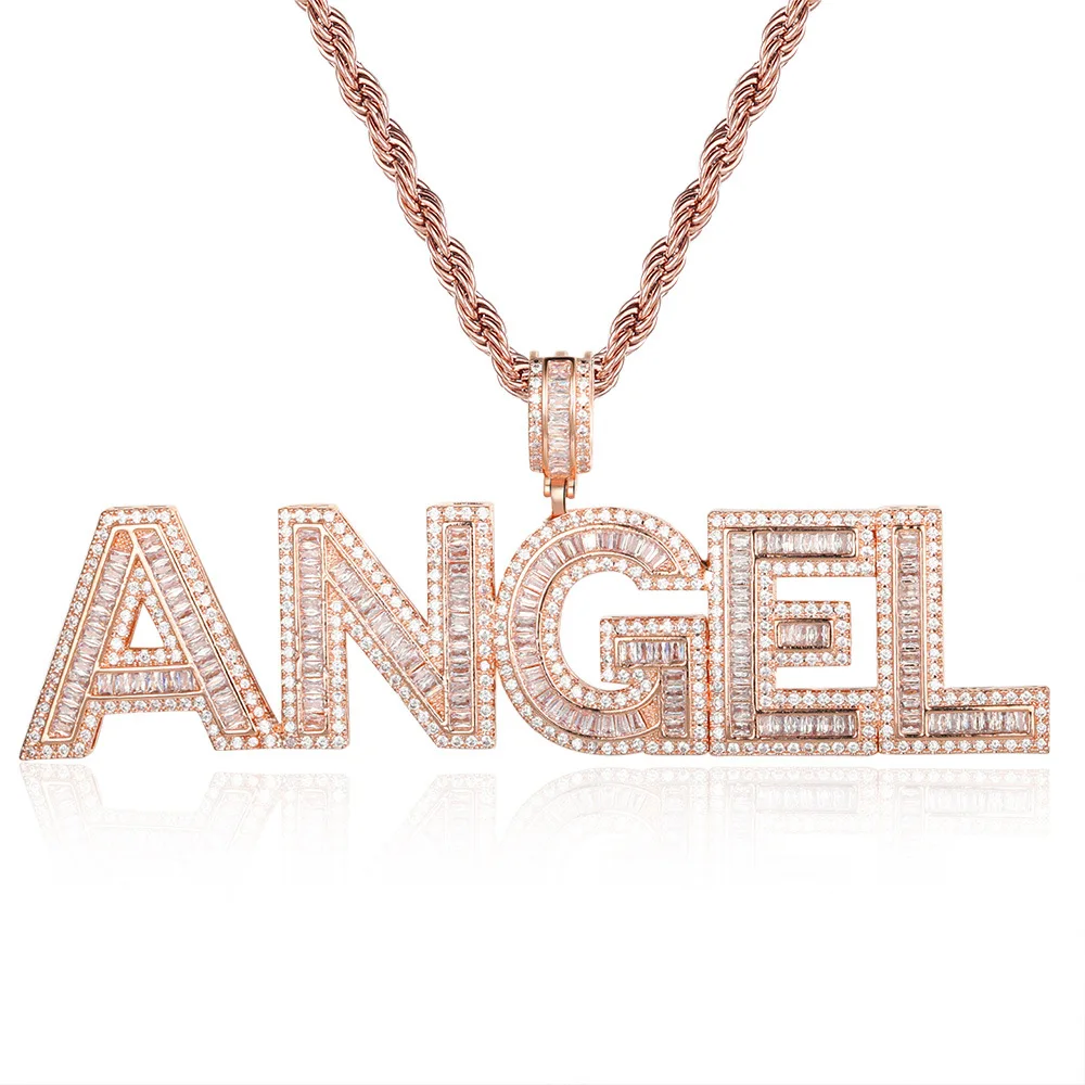

Hip Hop Small Baguette Men Women Rapper Connected Letter CZ Custom Name Necklace Pendant Jewelry