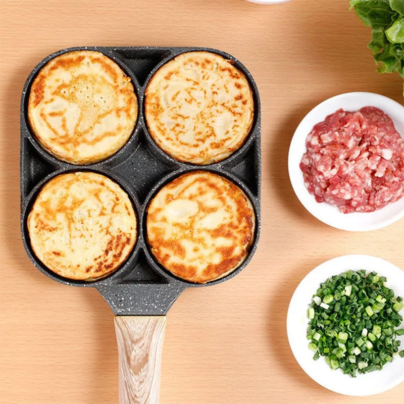 

4 Hole Omelet Pan for Burger Eggs Ham Pancake Maker Wooden Handle Frying Pot Non-stick Cooking Breakfast, As picture