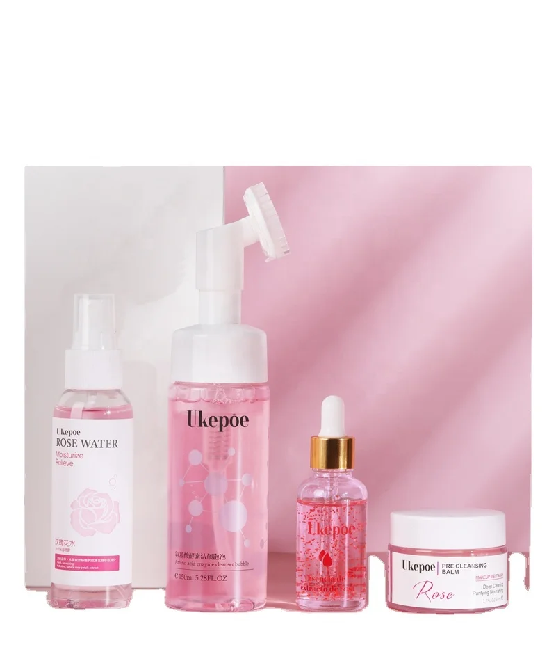 

Private Label Rose skin care set rose facial cleanser rose toner whitening serum moisturizing emulsion rose water