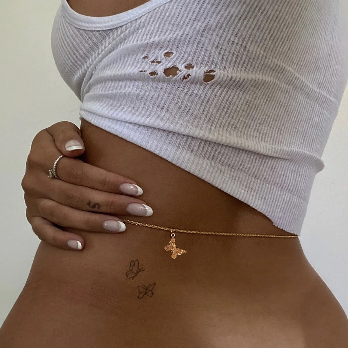 

Summer Trendy Gold Plated Minimalist Thin Sexy Body Belly Chain Luxury Geometric Twist Chain Butterfly Pendant Waist Chain