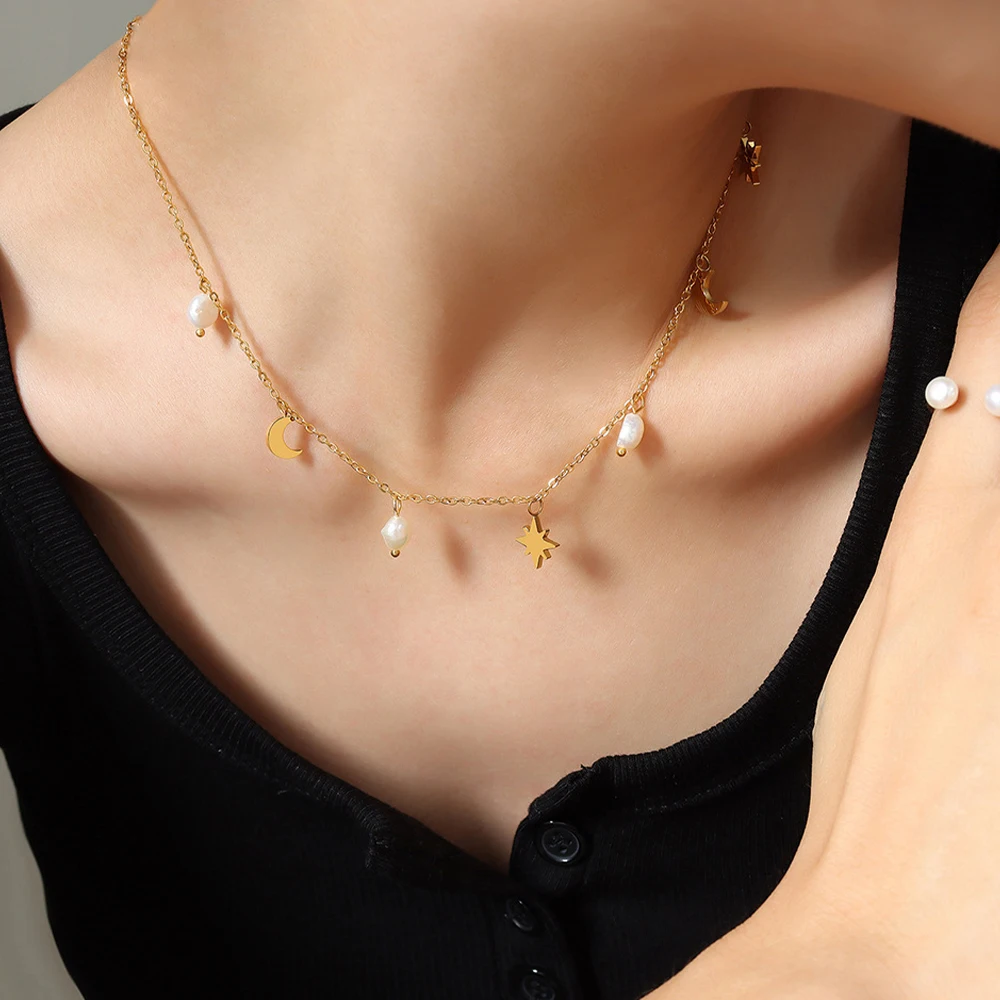 

Wholesale Best Selling Star Moon Natural Freshwater Pearl Gold Tassel Clavicle Stainless Steel Necklace Women