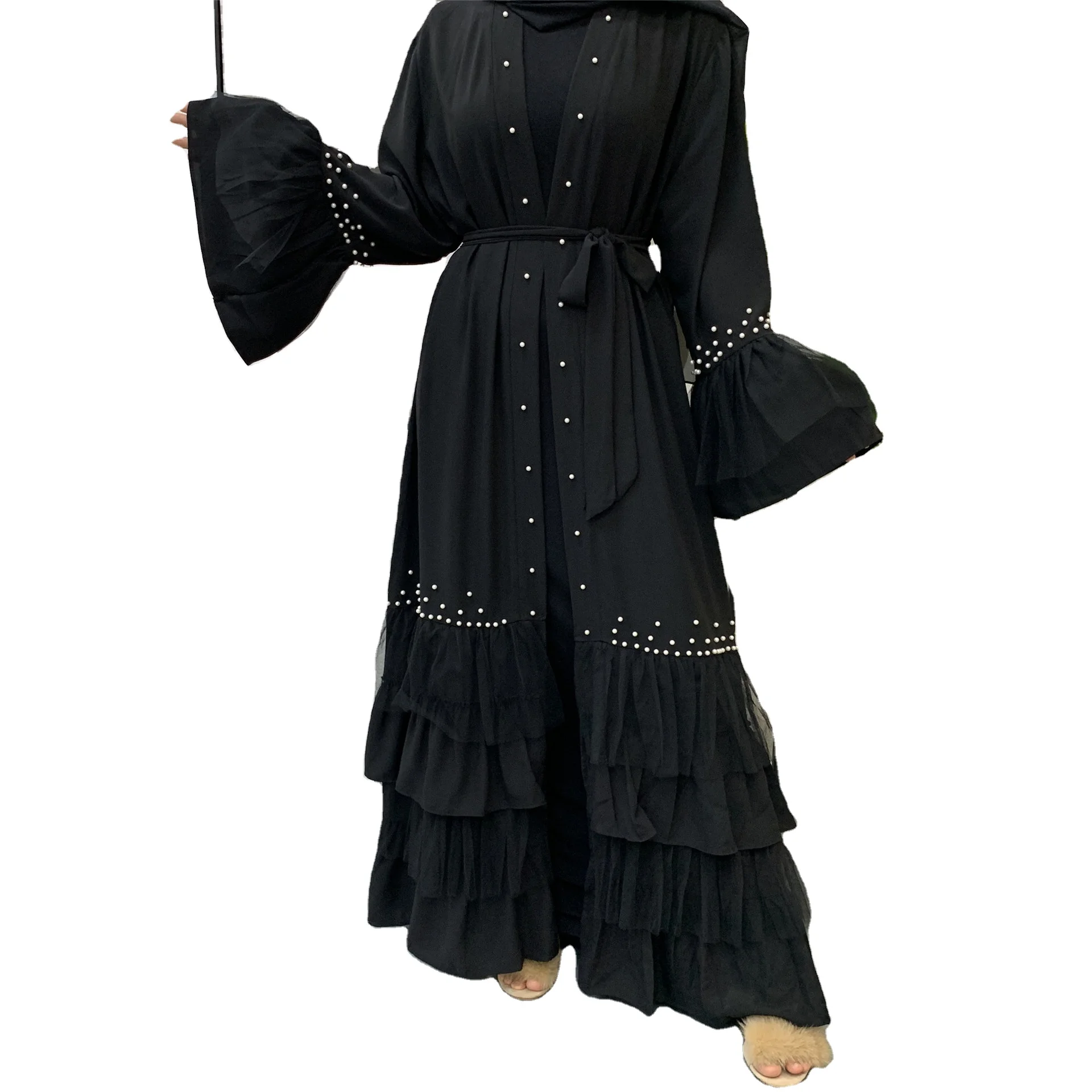 

0806 MuslimQLO New Bead Stitching Mesh Lace-up Muslim Cardigan Robe Islamic Abaya Kaftan Burqa Fashion Design Kaftan Abaya, Black