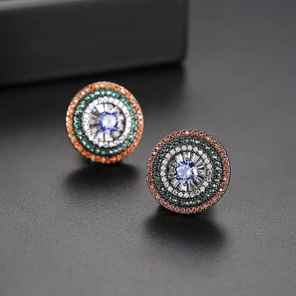 LUOTEEMI Colorful Round Pave Cubic Zircon Stud Earring of Vintage Style for Trendy Woman Jewelry