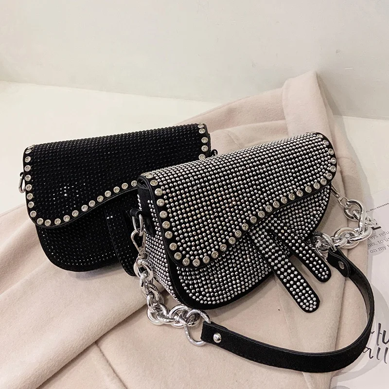 

Latest Arrival Luxury Bling Crossbody Bag Full Rhinestones Saddle Bags Chain Purse Evening Square Bag For Women, 2 colors