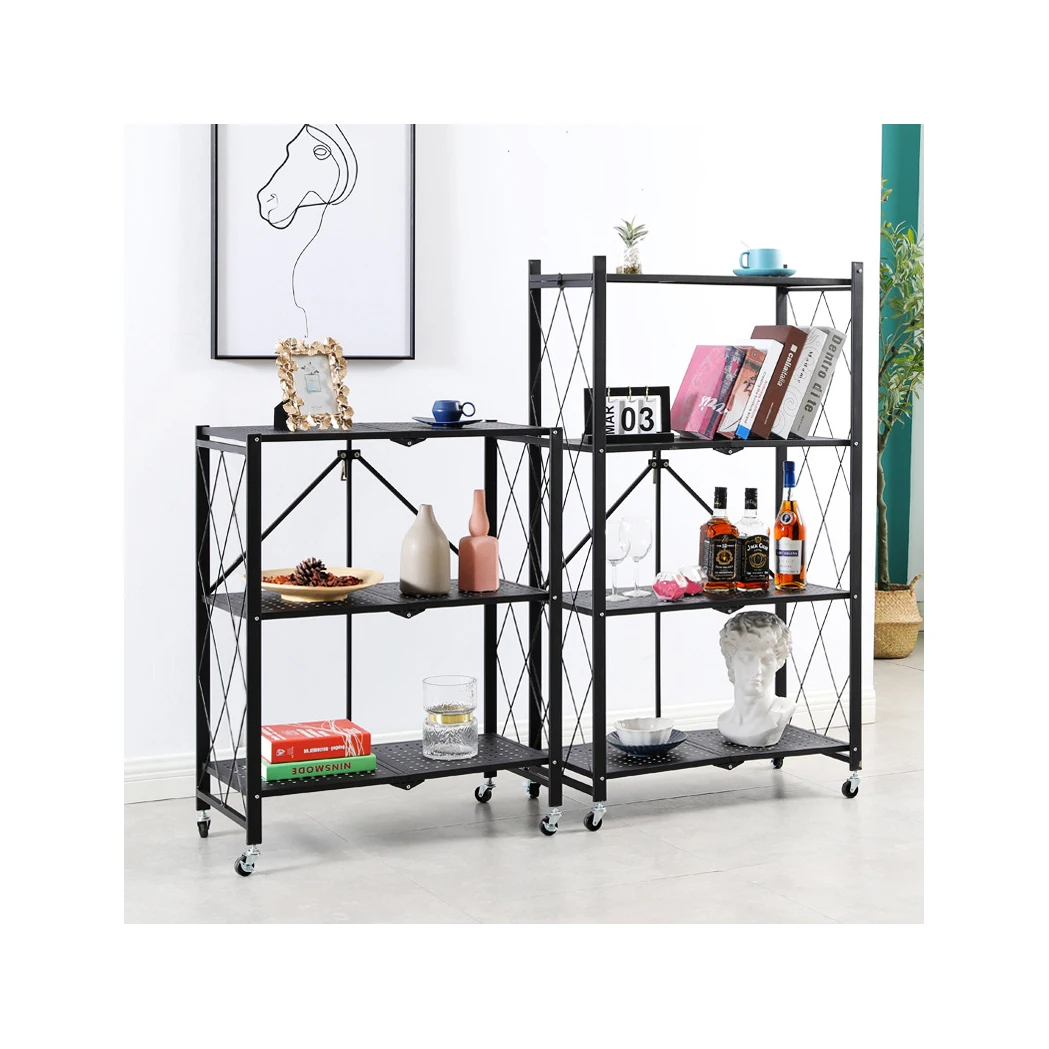 

Amazon hot 3-5 layer KD iron one button folding storage rack, four wheel brake wheel, how to place storage rack and shelf