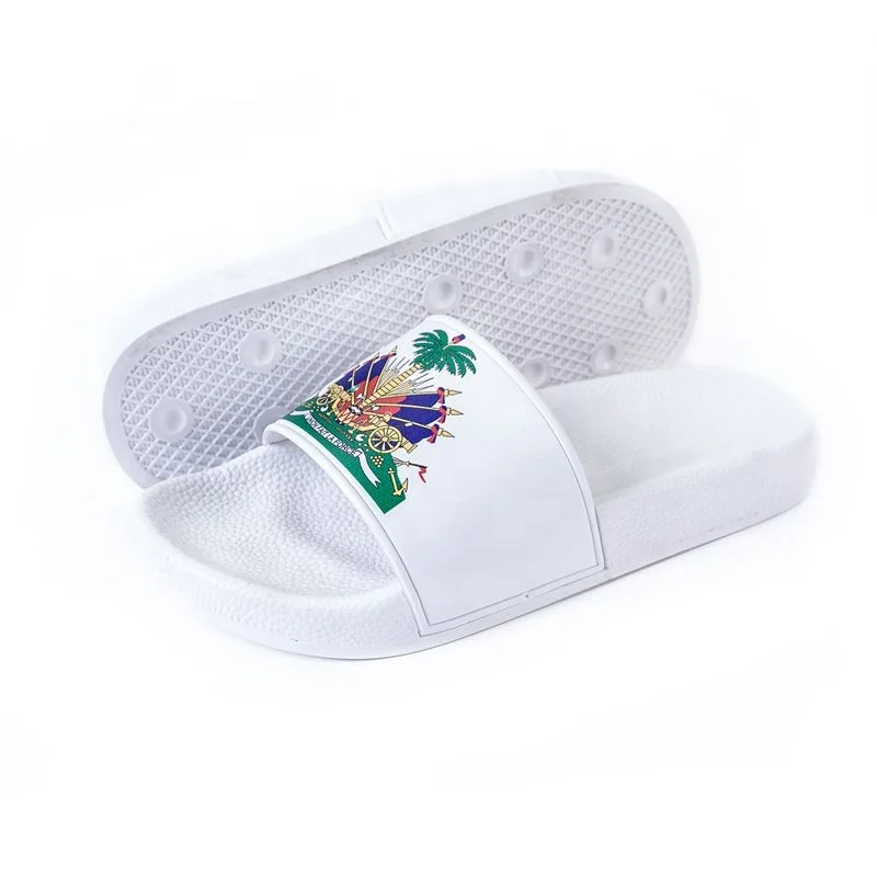 
2020 Hot Sale High Quality PCU Sole PVC Strap Red Custom Haiti Flag Slide Sandals With Logo Design Flip Flops 