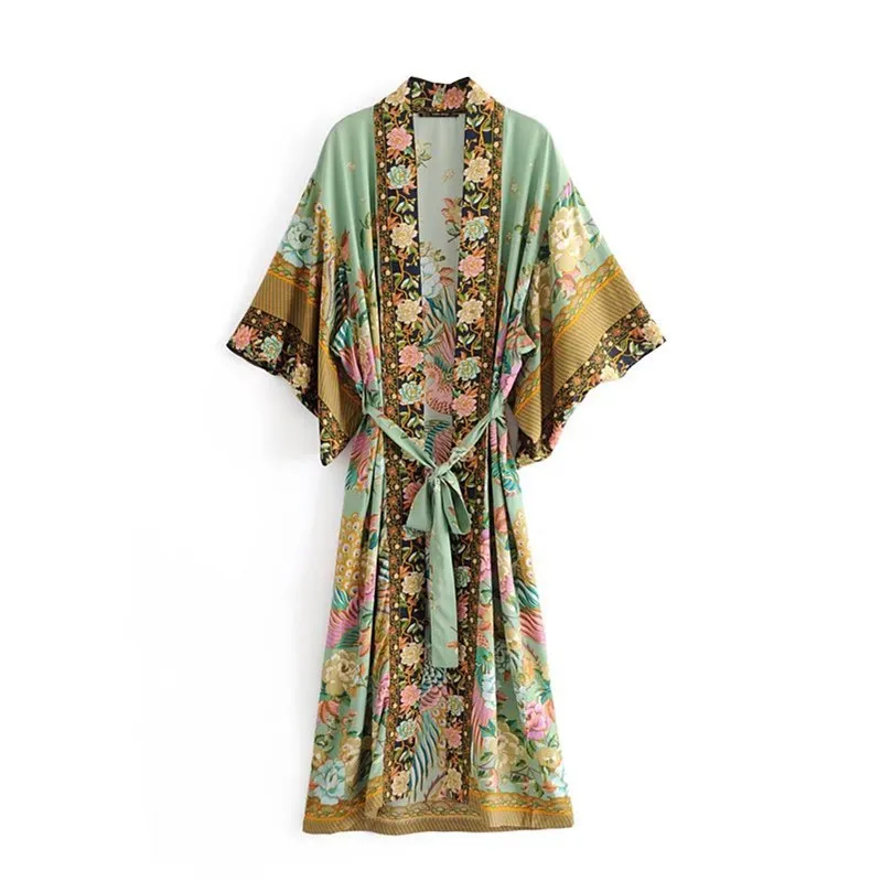 

2021 Japanese long ladies boho women silk beach wear robe Quimono para mujer bohemian floral kimono dress satin femme de playa