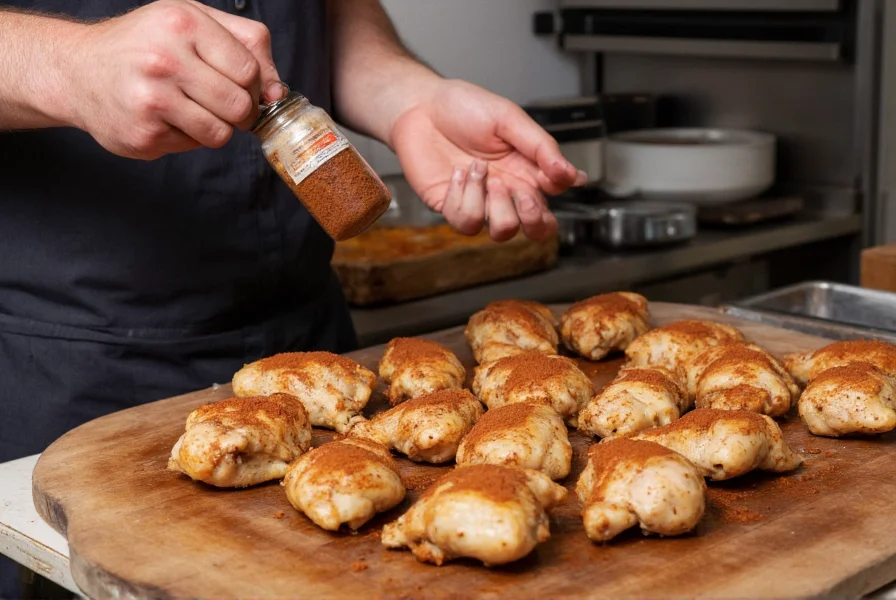 Professional chef applying cinnamon spice rub to chicken thighs before grilling
