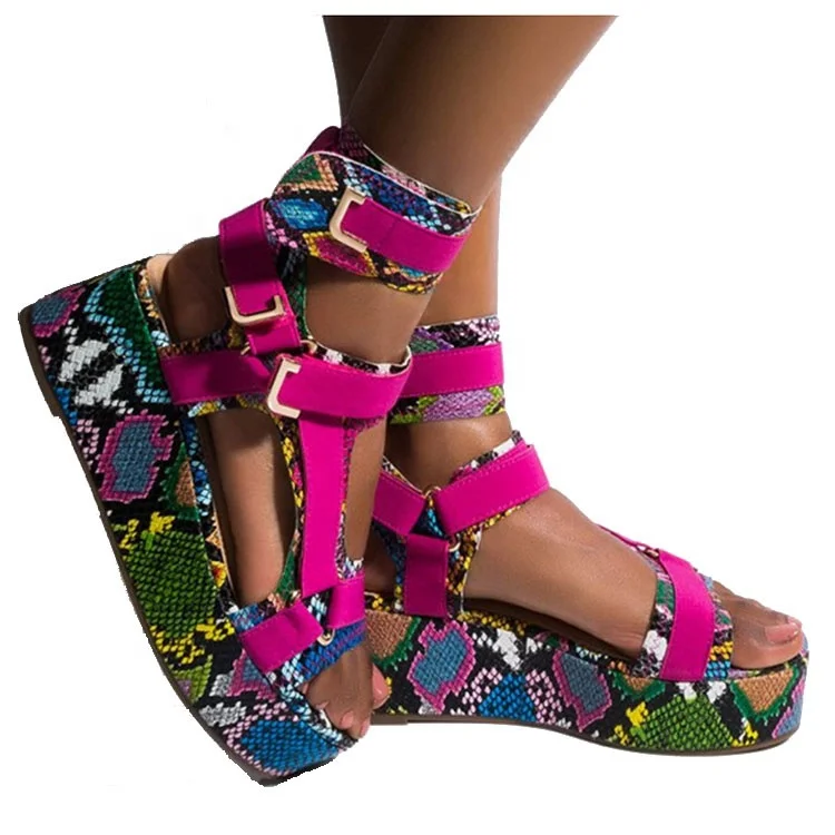 

Amazon USA Africa hot summer wholesale fashion big size girl lady platform shoes outdoor colorful python sandal for woman, As photos