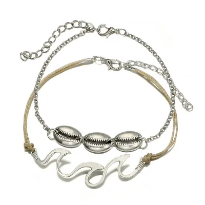 

New Arrival Bohemian Vintage Silver Ocean Wave Fishhook Shell Ankle Chain 2pcs/set Shell Foot Bracelet Set