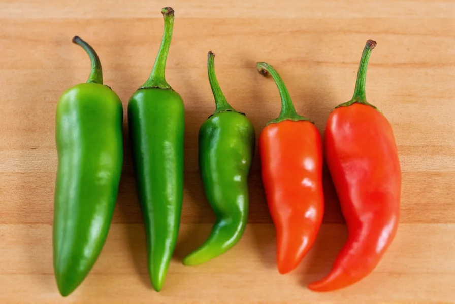 Close-up comparison of serrano peppers next to jalapeños, habaneros, and cayenne peppers on wooden cutting board
