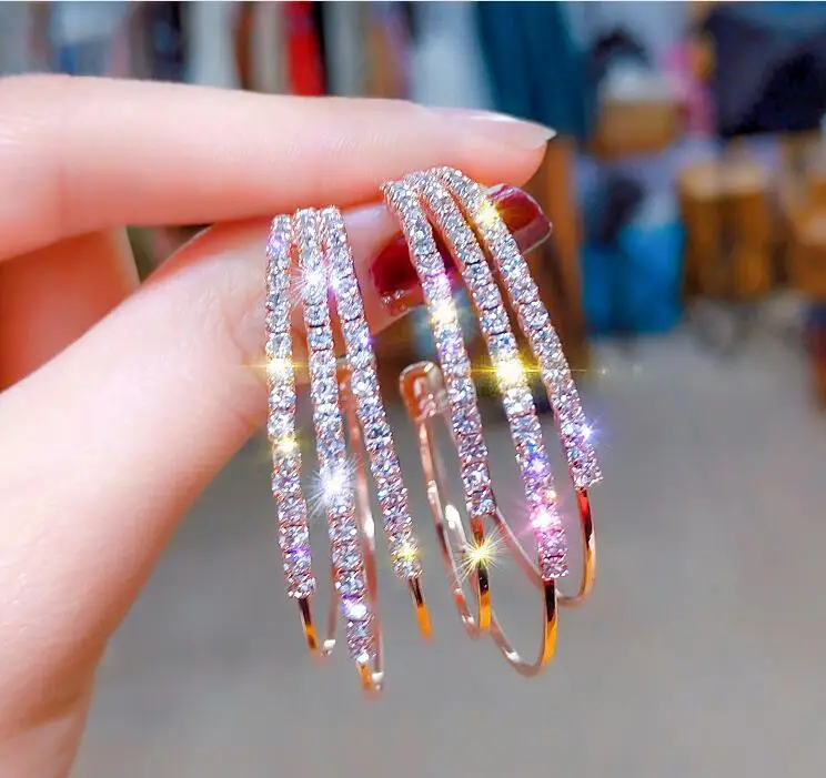 

Tree Layer Crystal Rhinestone Shiny Hoop Earrings Multilayer Triple Layer Sparkling Diamond Hoop Earrings For Girls, Gold,silver