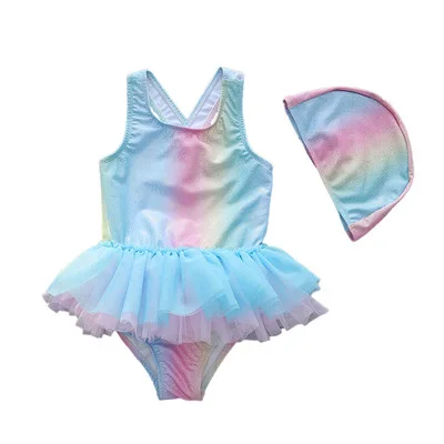 

2021 NEW RTS Girls Colourful Mermaid Tutu Kids Swimming Swimsuit with Hat in Set, Picture
