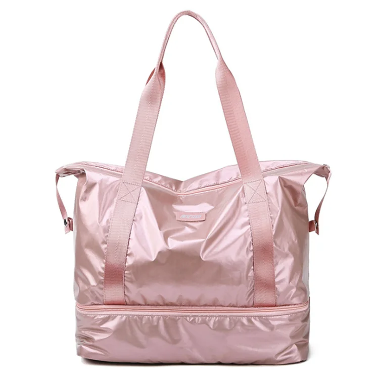 

High Quality Waterproof Nylon Portable Outdoor Women Business Weekend Yoga Gym Duffle Bag with Shoe Compartment, Pink, silver, black etc