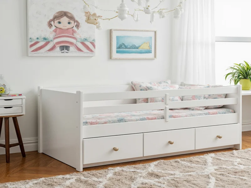 Converted dresser toddler bed with safety rails and non-slip pads