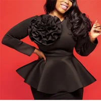 

Long Sleeve Black Front Big Flower Slim Peplum Office Lady Blouse Tops