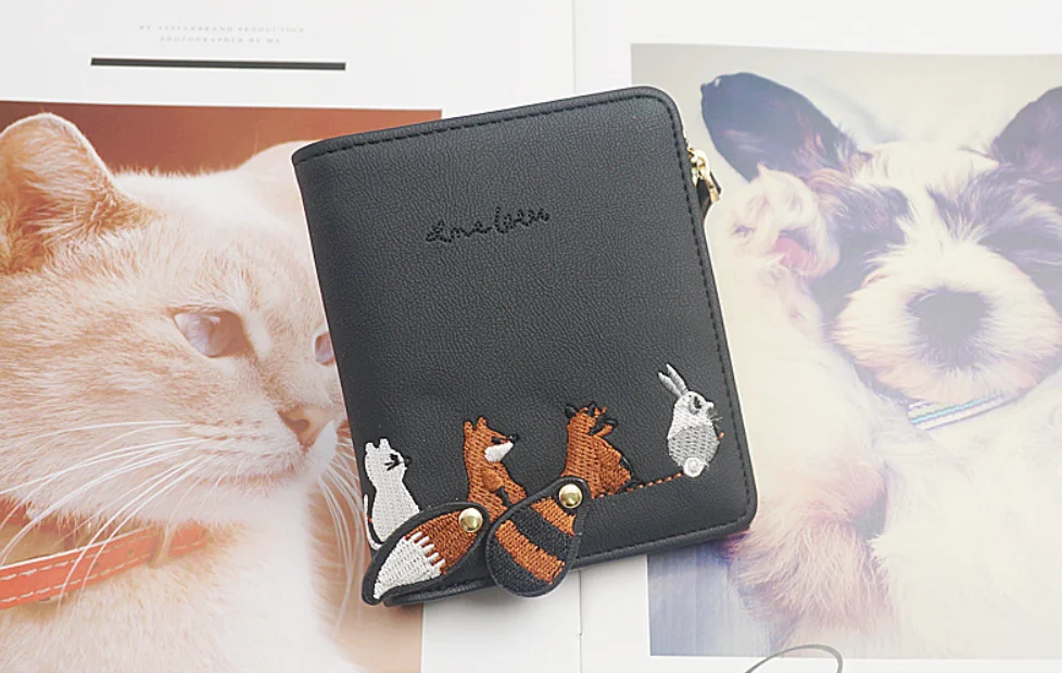 Womens Cute Animals Embroidery Short Small Wallet Card Holder Billfold Purse Wallet Gray